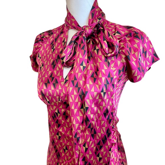 Diane von Furstenberg Pink Laurie Geometric Silk Neck Bow Tie Sheath Dress Sz 2 - Picture 5 of 13